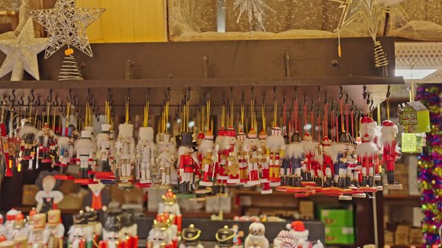 Hanging Nutcracker Ornaments at Strasbourg Christmas Market Stall.Filmed on 18 December 2025.
