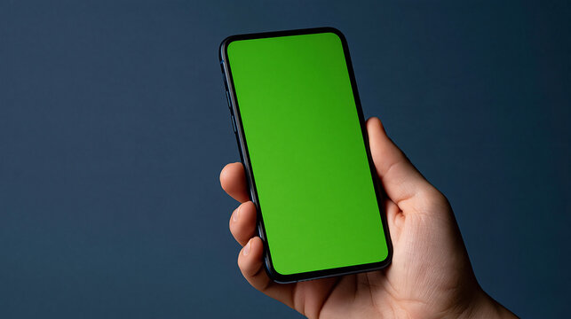 Elegant photo of A person holding a modern smartphone with a green screen against a dark background. Ideal for digital interface app presentations and mobile technology marketing.