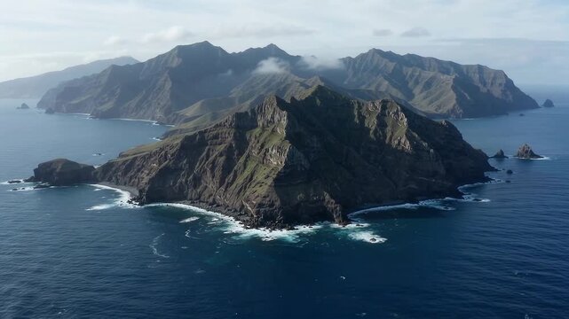 Majestic cinematic wide aerial view of a rugged isolated volcanic island rising from the deep sapphire blue ocean under a hazy sky.