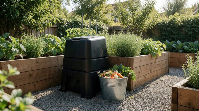 Backyard composter with vegetables sits near raised garden beds. Sustainable gardening practices promote healthy plant growth and eco friendly waste disposal for home.