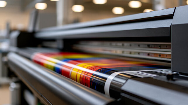 Elegant photo of Industrial large format printer producing vibrant colored graphics in a professional print shop. Useful for advertising media and marketing industry business.