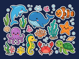 Obraz premium Cute Underwater Sea Animals Flat Design Icon Set with Dolphin Whale Clownfish Octopus Seahorse Crab Turtle Starfish and Coral