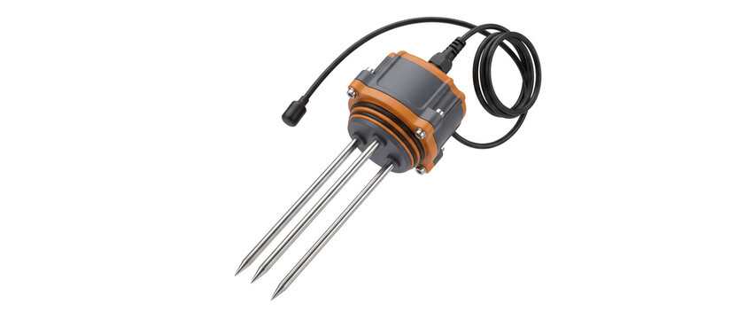 Industrial agricultural soil probe sensor on transparent background, electronic agronomy moisture meter with three stainless steel prongs and cable. Precision hardware delivers monitoring.