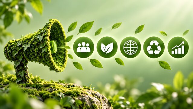 Green plant megaphone broadcasting eco friendly icons representing sustainable business growth and environmental awareness