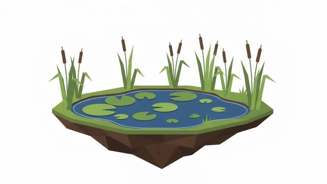 Floating island with a serene pond, water lilies, and cattails on a white background.