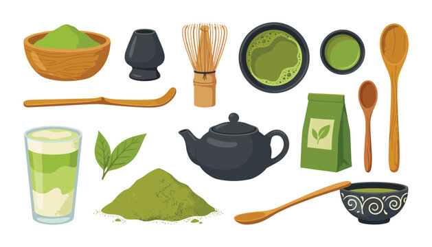Matcha green tea vector collection featuring traditional ceremony tools and powder elements for healthy beverage design