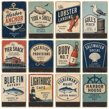 A collection of twelve vintage-style matchbook covers featuring various seafood restaurants and bars with nautical themes.