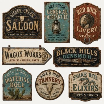 Collection of vintage rustic Old West signs with various business names and illustrations.