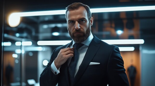 Businessman adjusting tie in office indoors