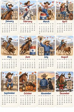 A charming Western-themed calendar featuring illustrations of cowboys, cowgirls, and horses for each month of the year.