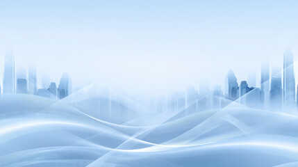 Obraz premium Abstract cityscape blue wave white background clean background corporate presentation futuristic skyline soft light misty horizon modern city