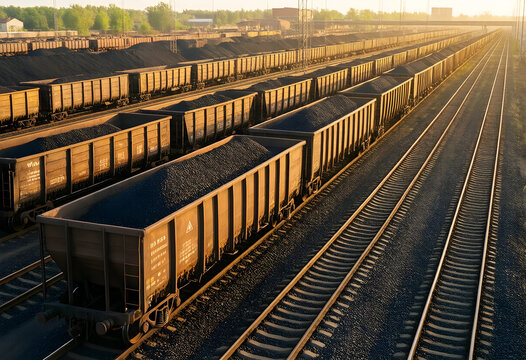 Energy supply and coal logistics, freight train cars loaded with mineral resources on railway tracks at sunset for industrial transportation and trade