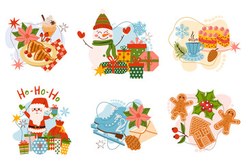 Fototapeta premium Christmas vector graphic set featuring six cute holiday illustrations including Santa Claus, a cheerful snowman, festive food and treats, ice skates, and gingerbread cookies isolated on white.