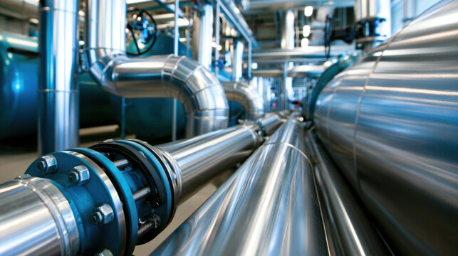 Stainless steel pipe industrial pipe metal tube pipeline system factory interior engineering equipment shiny surface blue flange mechanical connection industrial plant steam pipe process industry
