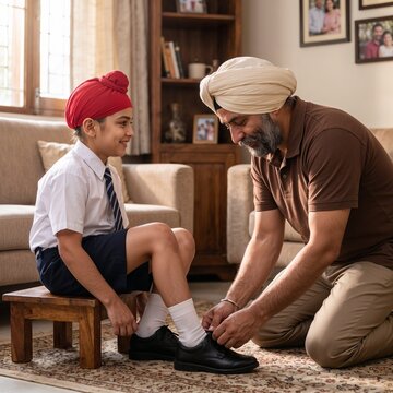 A loving Indian Sikh father wearing a turban helps his young son in a school uniform tie his shoes during a morning routine at home.