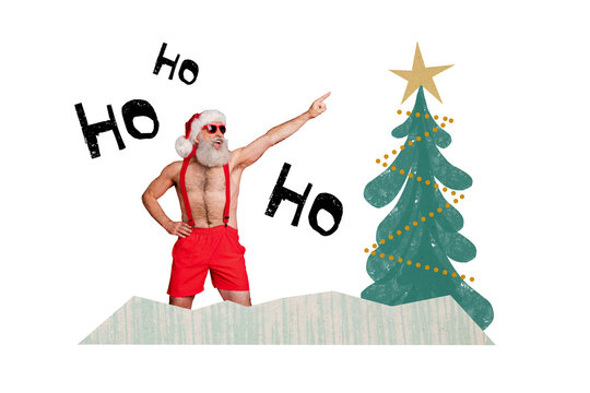Composite trend artwork sketch image photo collage of new year christmas holiday aged man santa claus hoho handsome finger point tree