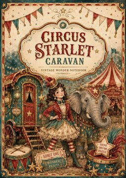 Vintage circus starlet and elephant standing in front of a colorful caravan and big top tent, with festive banners.
