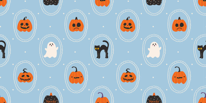 Halloween seamless pattern with ghosts, cats and pumpkins. Cute blue repeating background with doodle frames and holiday elements. Vector design for fabric, textile, print, wrapping paper, wallpaper