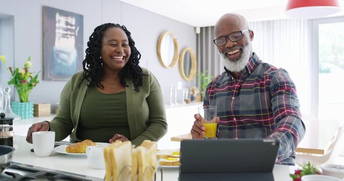 Black couple, tablet and breakfast in kitchen for social media, internet post or morning online. Mature people, tech and browse in home for nutrition app, health guide or streaming service for smile