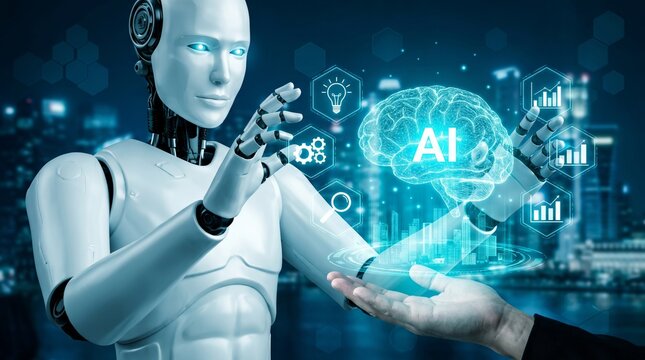 Humanoid robot interacting with virtual AI interface in futuristic environment with digital graphics