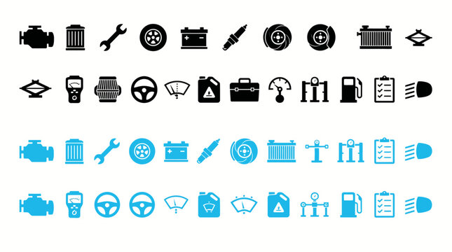 Automotive maintenance icons depict various car parts and diagnostic tools in a flat style vehicle transportation engine wrench tire battery sparkplug brake radiator gearshift steeringwheel