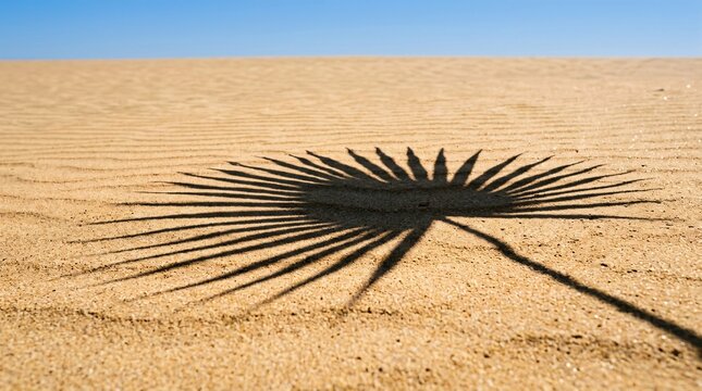 Minimalist tropical aesthetic of the sharp fan-like shadow of a large palm leaf cast across sun-drenched rippled golden beach sand.