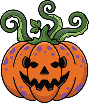 A spooky cartoon jack o lantern pumpkin with tentacle vines and purple spots.