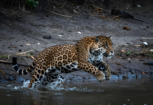 Wildlife conservation and biodiversity, jaguar leaping into river water in tropical rainforest habitat for hunting and survival in the wild nature