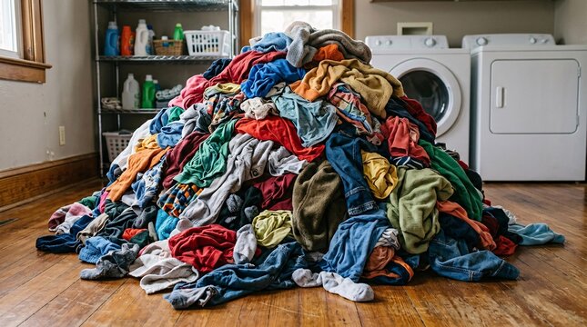 Massive chaotic mountain of unwashed colorful everyday laundry piled high on a wooden floor with deep wrinkles and rich textures.