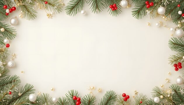 Festive christmas border with evergreen branches and red ornament decorations on white background