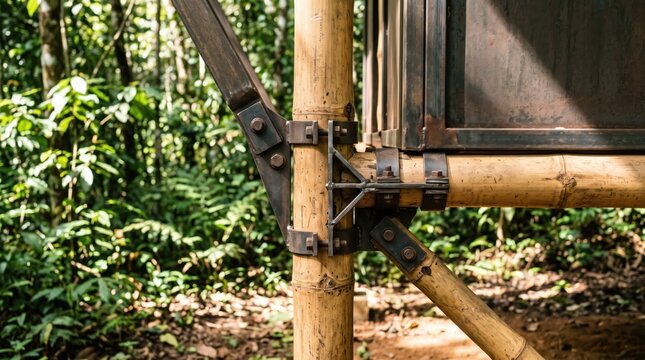 Structural bamboo pole connection with metal brackets and diagonal support beams on a building exterior in a lush tropical forest environment