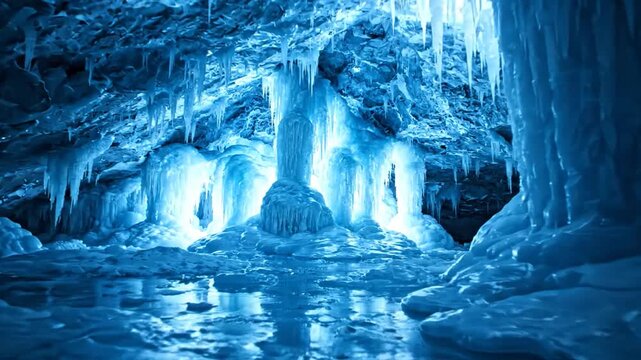 Enchanting blue ice cave with icicles and frozen formations, a magical winter wonderland