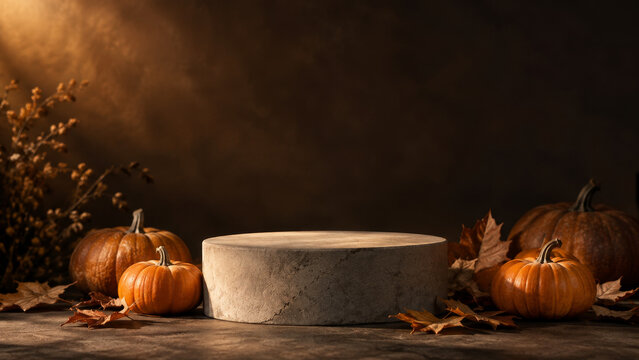 Empty stone podium for cinematic high-quality product display with pumpkins and autumn leaves on dark moody background