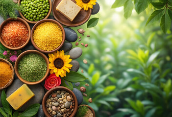 Obraz premium Wellness and holistic health, organic spa ingredients with natural skincare products and herbal remedies in wooden bowls on a garden background