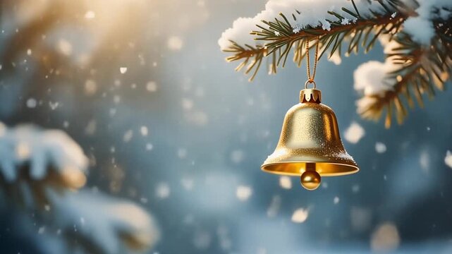 Golden Christmas Bell on Snowy Pine Branch with Falling Snow