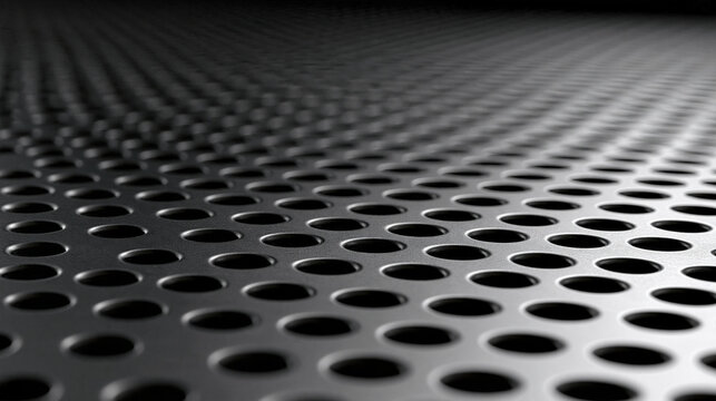 Elegant photo of Macro shot of a perforated metal sheet with soft lighting and depth of field. Use for industrial texture backgrounds and engineering design projects.