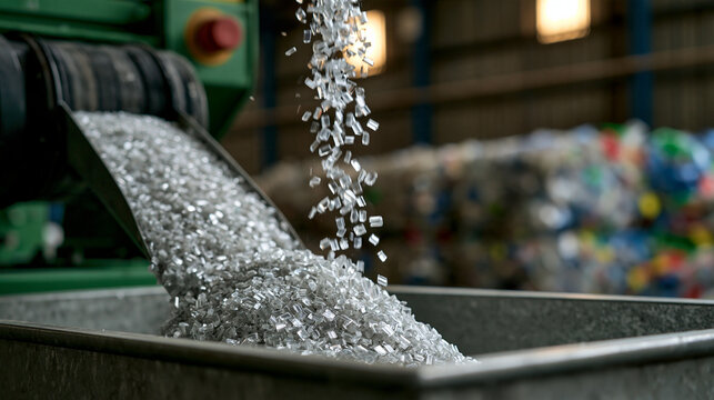 Elegant photo of Clear plastic pellets falling from industrial machinery into a container. Concept for sustainable recycling processes and plastic manufacturing industry.