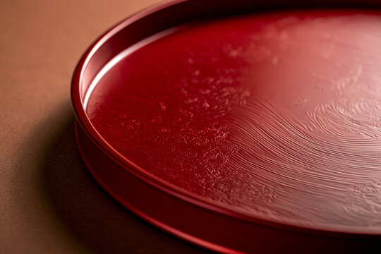 Close-up of a traditional Japanese red lacquer tray with a unique textured surface