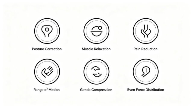 Protective equipment efficacy icon, for posture correction, stress relief, and pain relief, suitable for cross-border product introduction pages of rehabilitation protective equipment.
