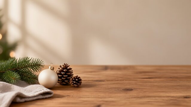 Warm winter scene with pine branches pinecones and a cozy neutral background