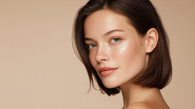 Beauty portrait of woman with luminous glass skin and short bob haircut, radiant skincare and natural makeup concept with copy space for text