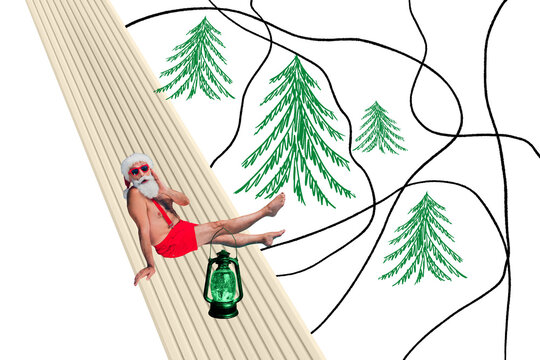 Composite photo collage of astonished old man santa claus winter resort pool party sunbath new year haked isolated on painted background