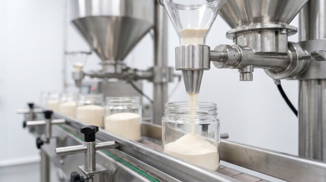 Automated production line filling clear jars with collagen powder at a pharmaceutical or supplement factory