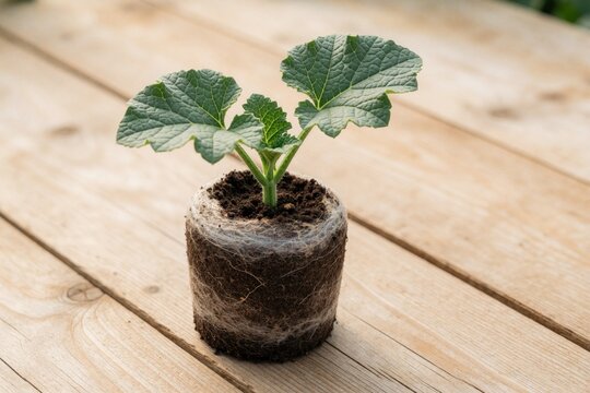 Young cantaloupe seedling grows in coco coir peat pod on wooden table. Small melon plant with green leaves starts life in organic soil. Agriculture concept of eco friendly gardening, sustainable food