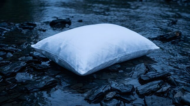 White sleeping pillow resting on dark wet river stones illustrating peaceful outdoor relaxation and deep therapeutic sleep sessions for wellness therapy campaigns