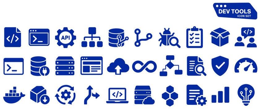 Dev tools icon set, blue silhouette pictograms: code file, terminal, API gear, sitemap, database, git branch, bug search, checklist, package, code review, server, cloud upload, DevOps infinity