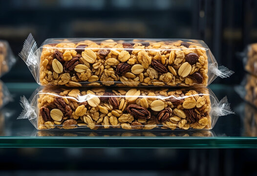 Healthy snack bar, nutrition and wellness concept, granola bars with oats and nuts in plastic packaging on a store shelf for convenient energy food