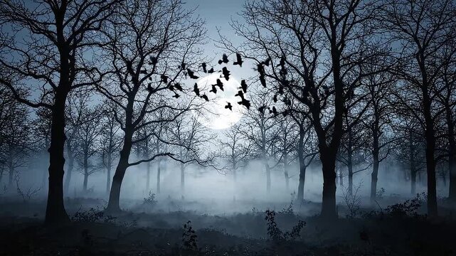 Full Moon Shining Through Misty Bare Trees Night