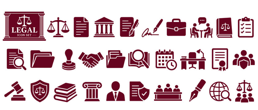 Legal icon set, burgundy silhouette pictograms: scales of justice, document, courthouse, contract signing, signature, briefcase, consultation, law book, checklist, document review, folder, stamp