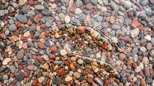 Natural river pebbles under clear water, colorful smooth stones on a lake shore, wet pebble background with gentle water ripples and reflections
